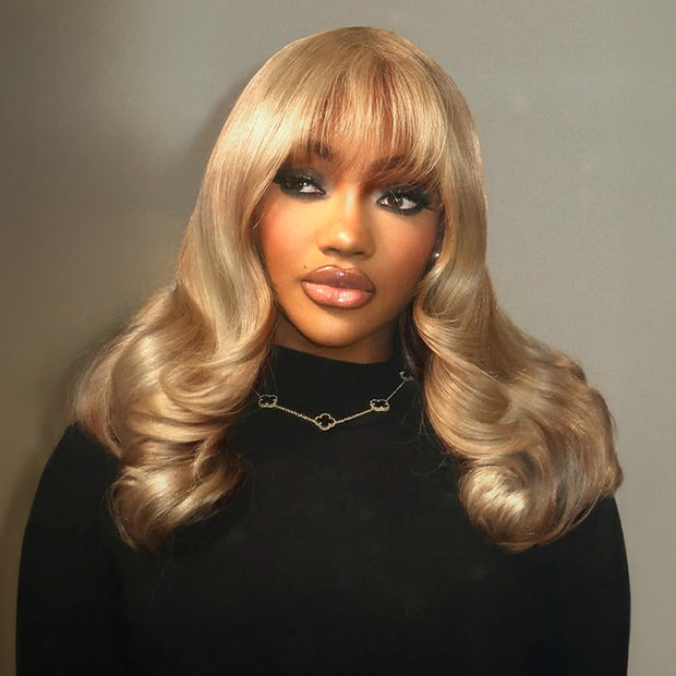 Strawberry Blonde Lace Front Body Wave Human Hair Wig With Bangs 5x5 HD Lace Closure Wigs 180% 220% Density