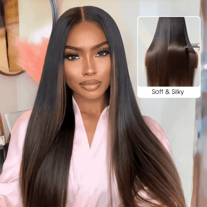 Ombre Brown Yaki Straight V Part Wig Minimal Leave Out Natural Scalp Human Hair Wig