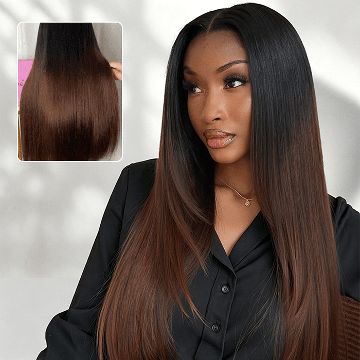 Ombre Brown Yaki Straight V Part Wig Minimal Leave Out Natural Scalp Human Hair Wig