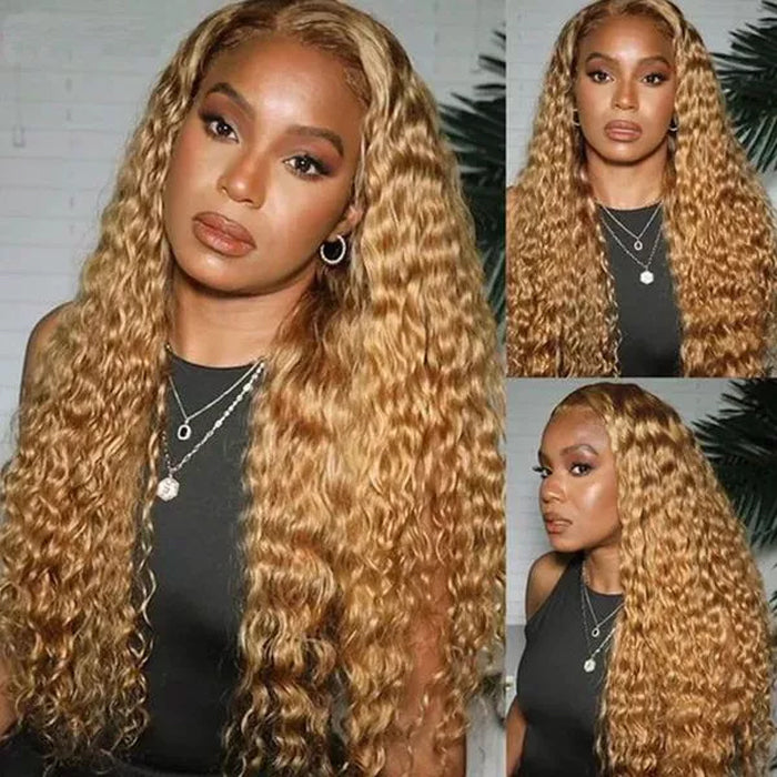 Glueless Deep Wave 13x6 Full Lace Frontal Wigs #27 Honey Blonde Colored Human Hair Wigs