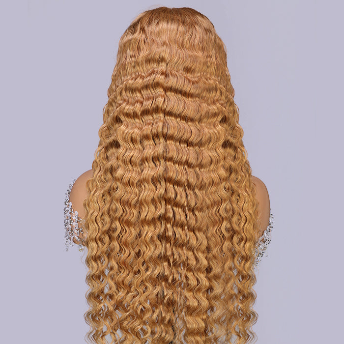 #27 Honey Blonde Deep Wave HD Lace Front Human Hair Wig with Pre Plucked
