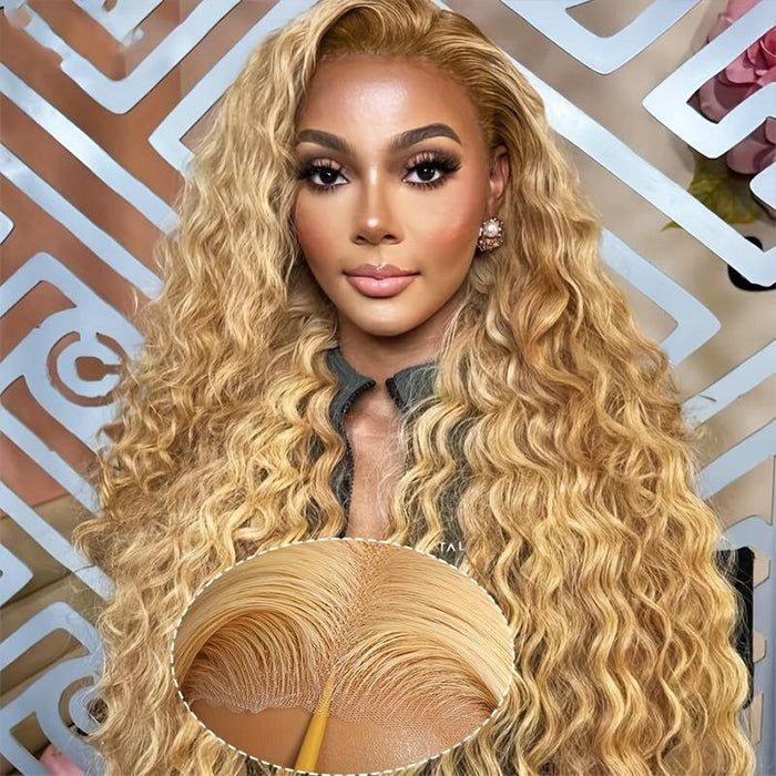 #27 Honey Blonde Deep Wave HD Lace Front Human Hair Wig with Pre Plucked