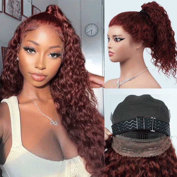#33 Reddish Brown Water Wave Invisi-Pull String Snug Fit 360 HD Lace F ...
