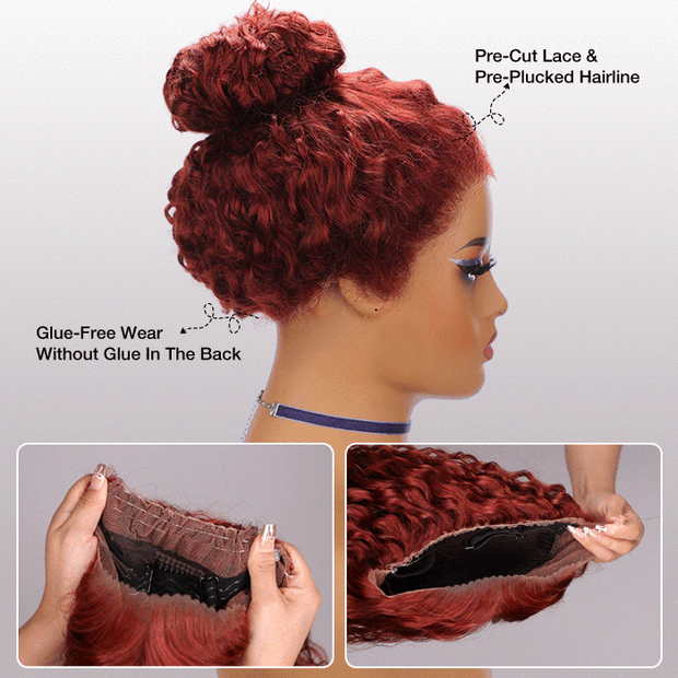 #33 Reddish Brown Water Wave Invisi-Pull String Snug Fit 360 HD Lace Frontal Pre-Cut & Pre-Plucked Glueless Wig