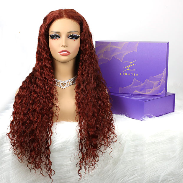 #33 Reddish Brown Water Wave Glueless Wig Big Parting 8*5 HD Lace Closure Wigs Ready To Wear