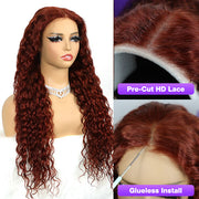 #33 Reddish Brown Water Wave Glueless Wig Big Parting 8*5 HD Lace Closure Wigs Ready To Wear
