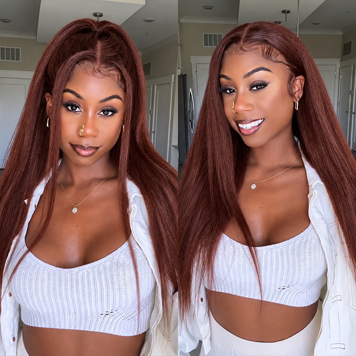 Kinky Straight Brown Auburn Colored Wig Pre Plucked Hairline Glueless HD Lace Human Hair Wigs with Drawstring