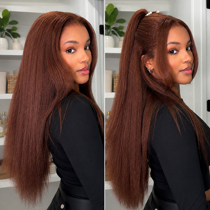 Kinky Straight Brown Auburn Colored Wig Pre Plucked Hairline Glueless HD Lace Human Hair Wigs with Drawstring