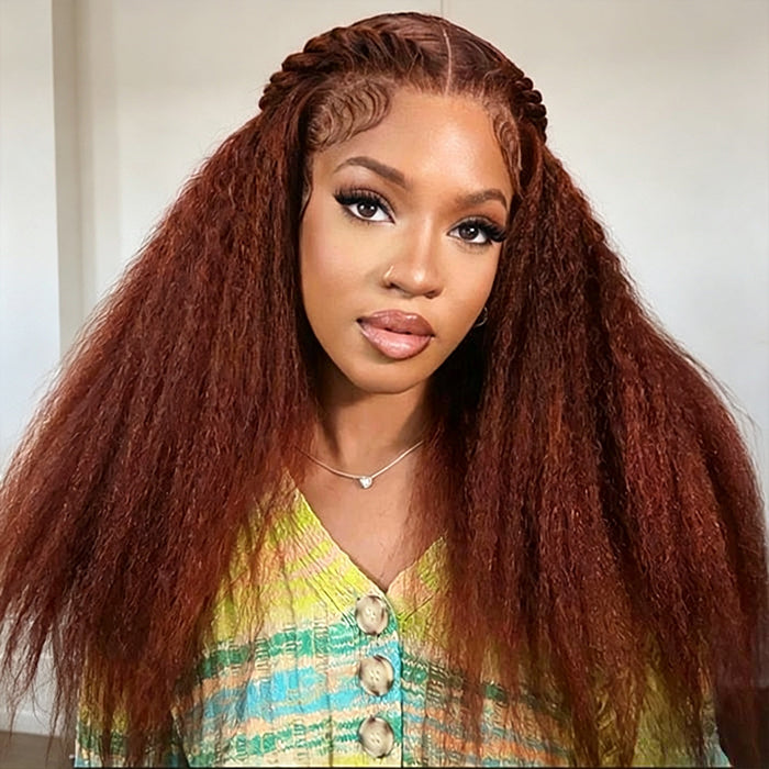33 Red Brown Auburn Colored Kinky Straight 13x4/5x5 HD Transparent