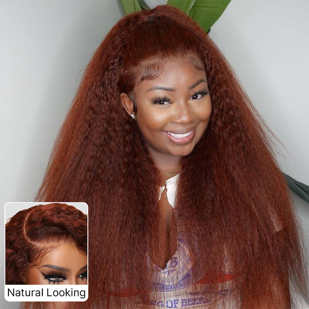 33 Red Brown Auburn Colored Kinky Straight 13x4/5x5 HD Transparent