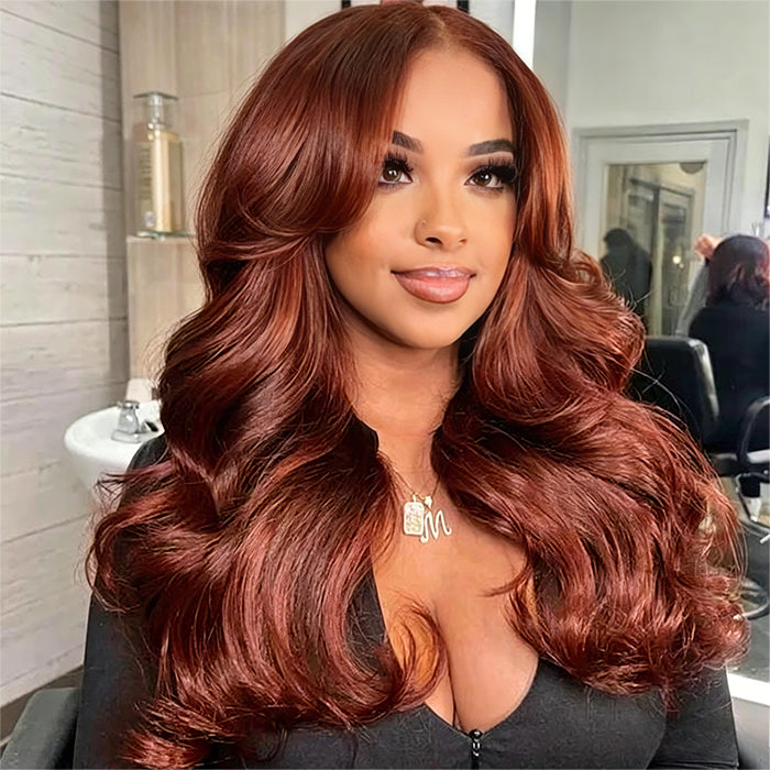 #33 Reddish Brown Curtain Bangs Wigs 13x4 HD Lace Front Human Hair Wig