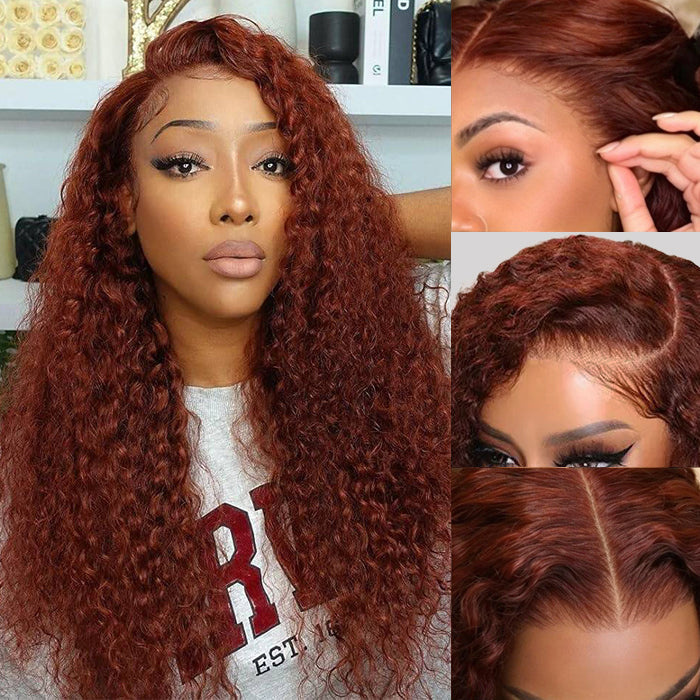 Curly Human Hair Wigs Reddish Brown Colored Wig 13x4 5x5 HD Transparent Lace Front Wigs