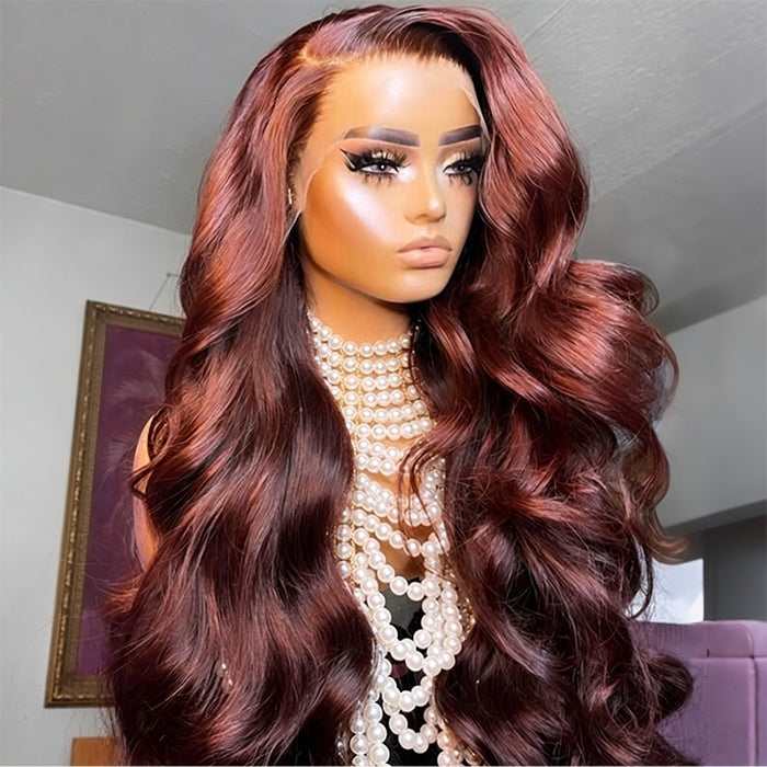 Reddish Brown Human Hair Body Wave Wigs 13X4 HD Lace Front Wigs Pre-Plucked Hairline