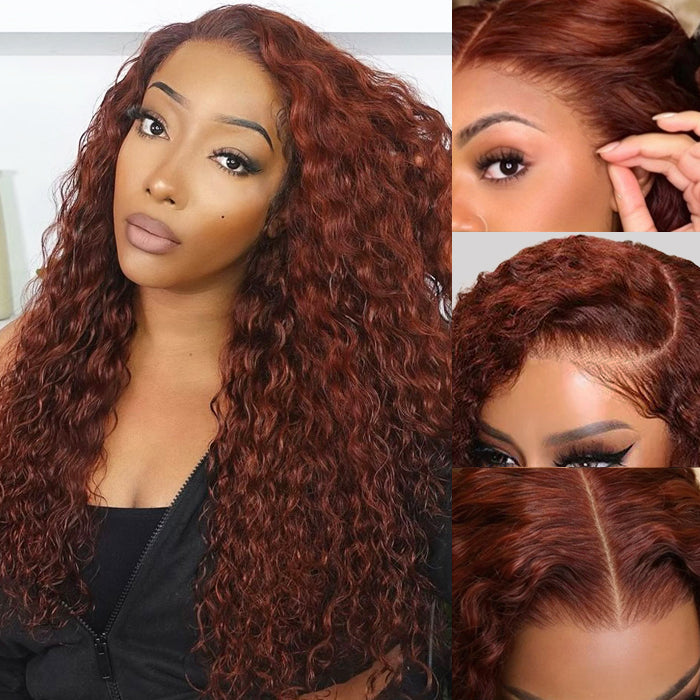 #33 Reddish Brown Color Water Wave 13x4 13x6 HD Lace Front Wigs Human Hair Pre Plucked