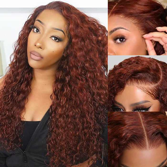 #33 Reddish Brown Color Water Wave 13x4 13x6 HD Lace Front Wigs Human Hair Pre Plucked