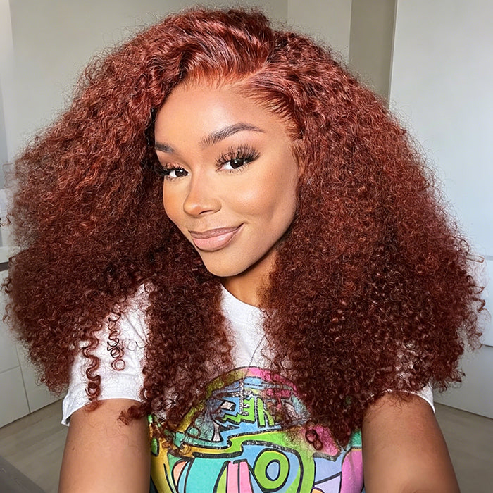 Reddish Brown Curly 13×4 Pre Cut HD Lace Front Human Hair Wigs 150% 180% 220% Density