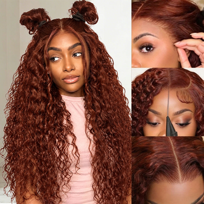 #33 Reddish Brown Water Wave Glueless Wig Big Parting 8x5 HD Lace Closure Wigs Ready To Wear