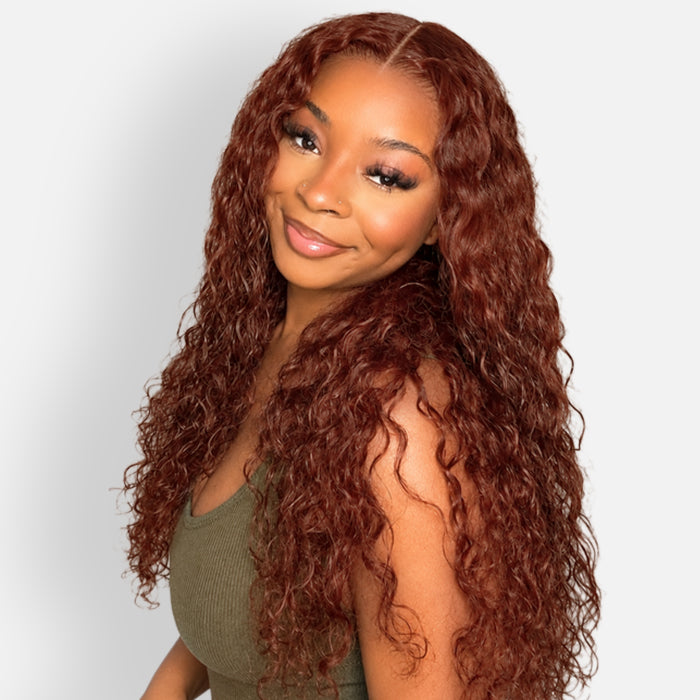 #33 Reddish Brown Water Wave Glueless Wig Big Parting 8x5 HD Lace Closure Wigs Ready To Wear