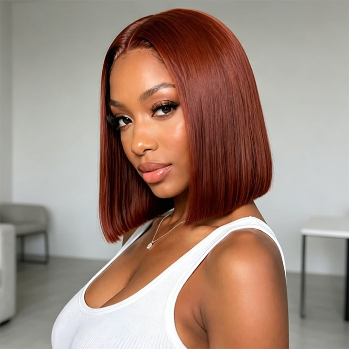 #33 Reddish Brown Color Straight Short Bob Red Brown Wig 13x4 Bob Lace Frontal Wigs 220% Density