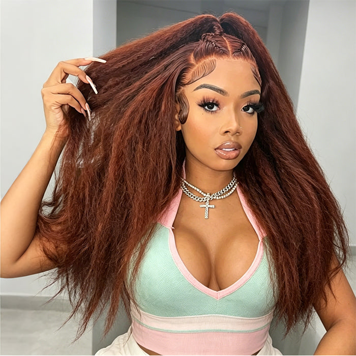 #33 Red Brown Auburn Colored Kinky Straight 13x4/5x5 HD Transparent Lace Frontal Wigs