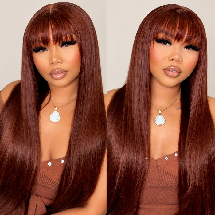 Reddish Brown Straight 13x4 Lace Front Wig With Bangs Glueless Human Hair Wig Easy to Go