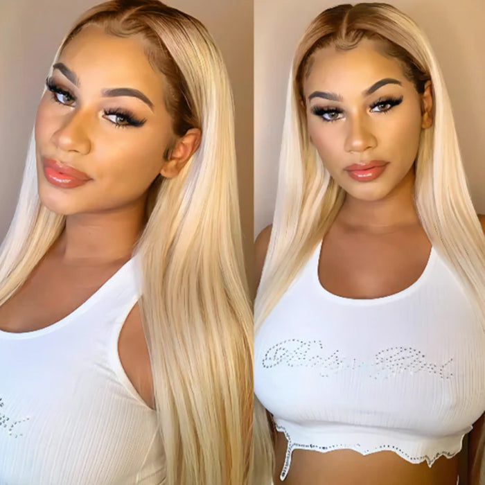 613 Blonde Wig with Brown Roots Ombre 4/613 Color 13x4 HD Lace Front Human Hair Wigs 180% Density