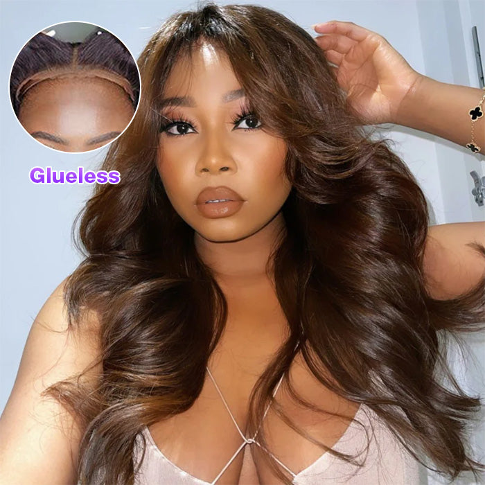 Body Wave Curtain Bangs 8x5 Glueless HD Lace Closure Wig #4 Chocolate Brown Wig Put On And Go