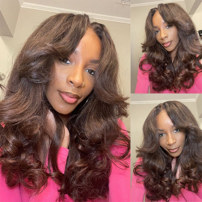 Body Wave Curtain Bangs 8x5 Glueless HD Lace Closure Wig #4 Chocolate Brown Wig Put On And Go