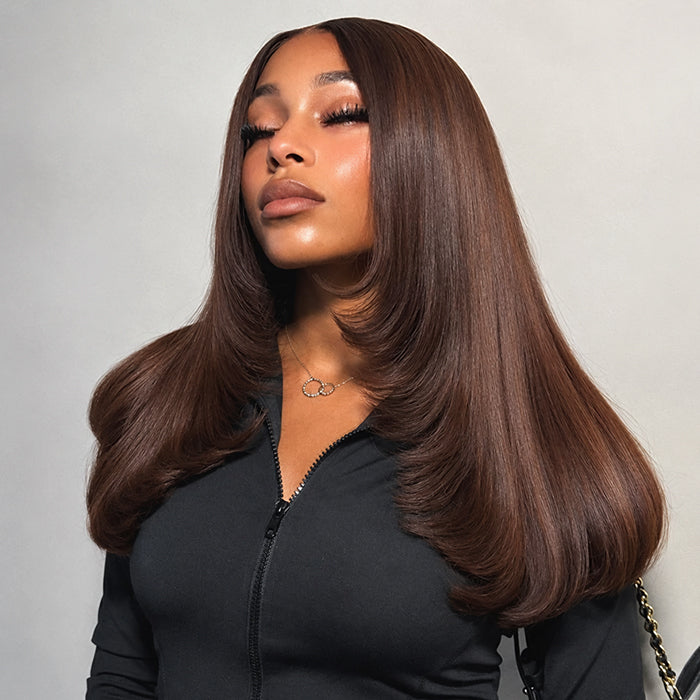 #4 Chocolate Brown Layered Cut Straight 13x4 HD Lace Front Wig Glueless Human Hair Wigs