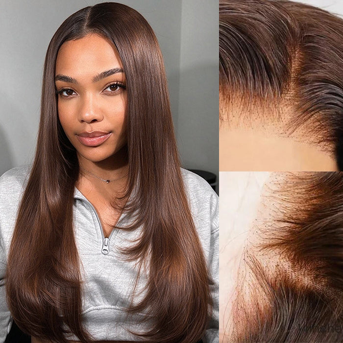 #4 Chocolate Brown Layered Cut Straight 13x4 HD Lace Front Wig Glueless Human Hair Wigs