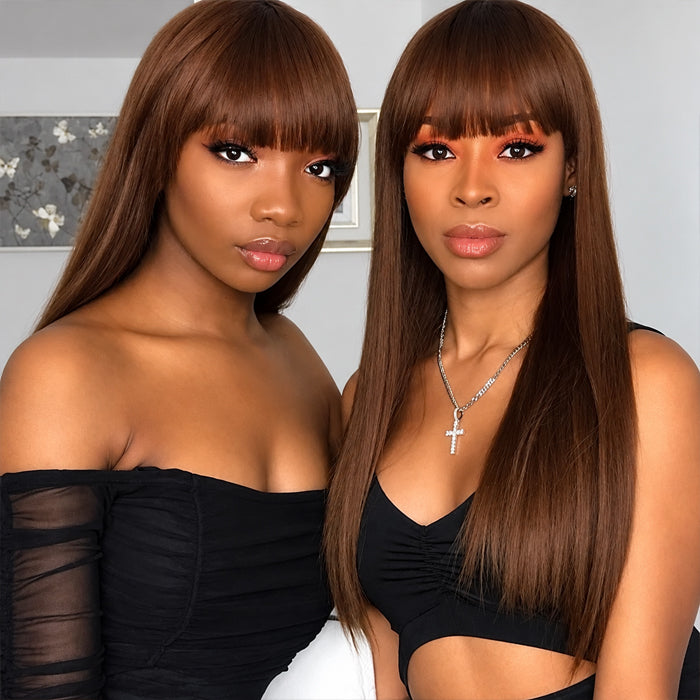 #4 Chocolate Brown Straight Wig With Bangs Glueless Pre Cut 5x5 HD Lace Wig With Bangs