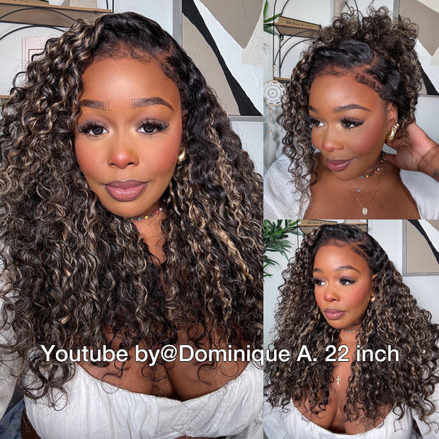 Blonde Highlight Curly Lace Wig 220% Density 13x4 Ear To Ear Lace Frontal Put on and Go Glueless Wig