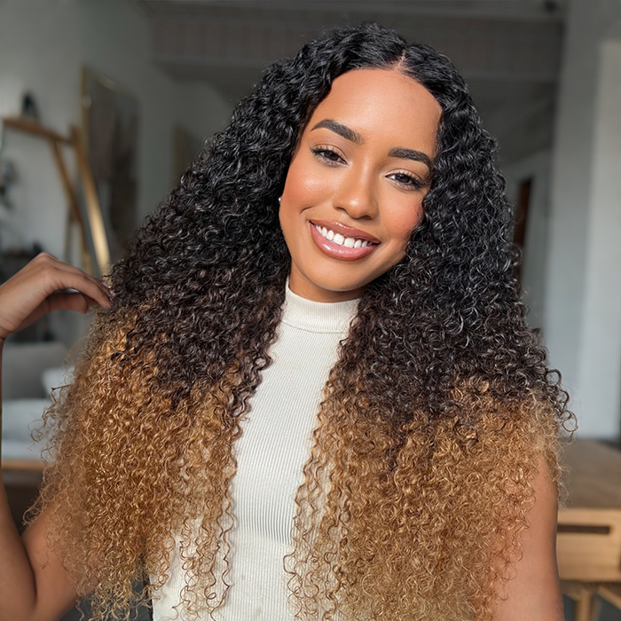Three Tone #1b/4/27 Ombre Curly Wig Invisi-String Snug Fit 360 Pre Everything Glueless Wig