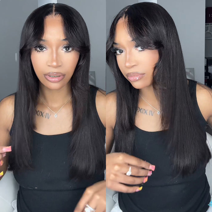 Curtain Bangs 13x4 Frontal HD Lace Wig Butterfly Haircut Straight Human Hair Wigs with Pre-Bleached Knots