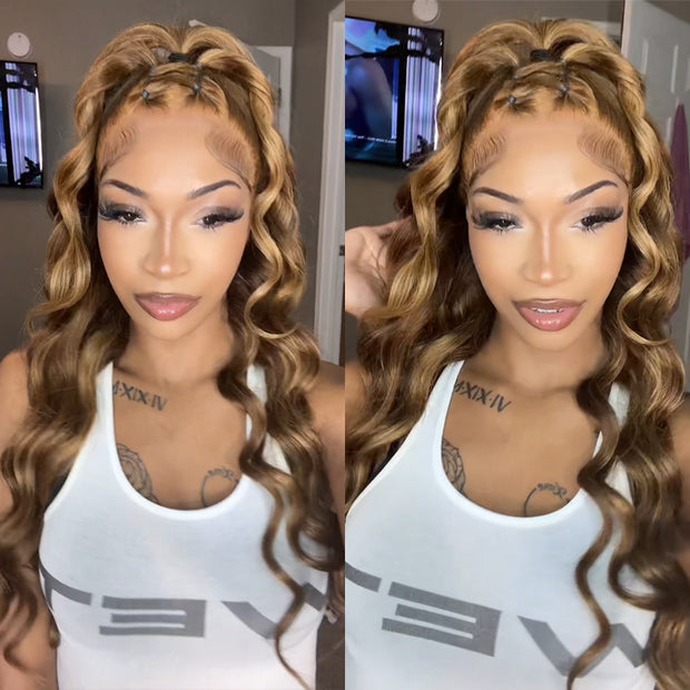4/27 Honey Blonde Highlight Body Wave HD Lace Front Human Hair Wigs Free Part