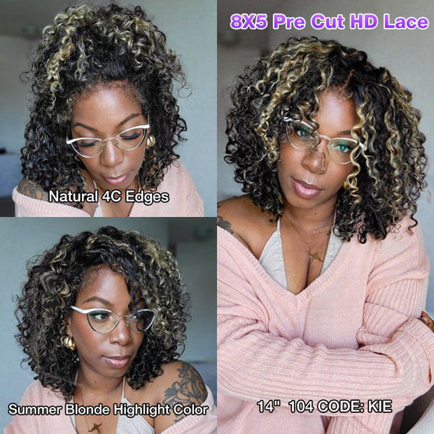 4C Edges Highlight Curly Wig 8x5 Pre Bleached Knots HD Lace Front Wig Ready Go Glueless Wigs