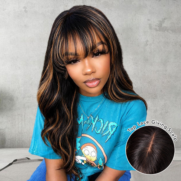 Blonde Highlights Body Wave With Bangs Glueless 13×4 Lace Front Wigs Human Hair