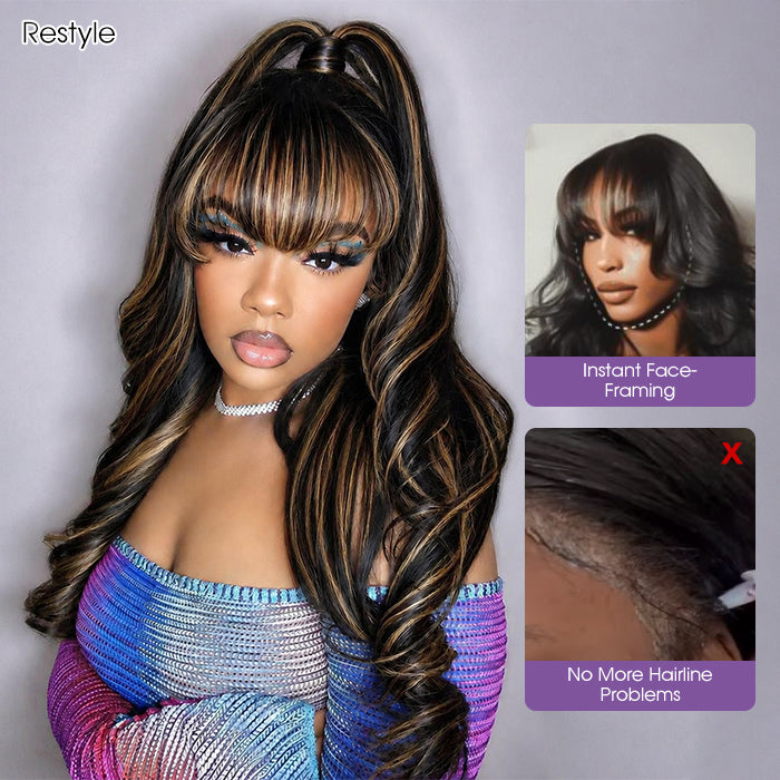 Blonde Highlights Body Wave With Bangs Glueless 13×4 Lace Front Wigs Human Hair