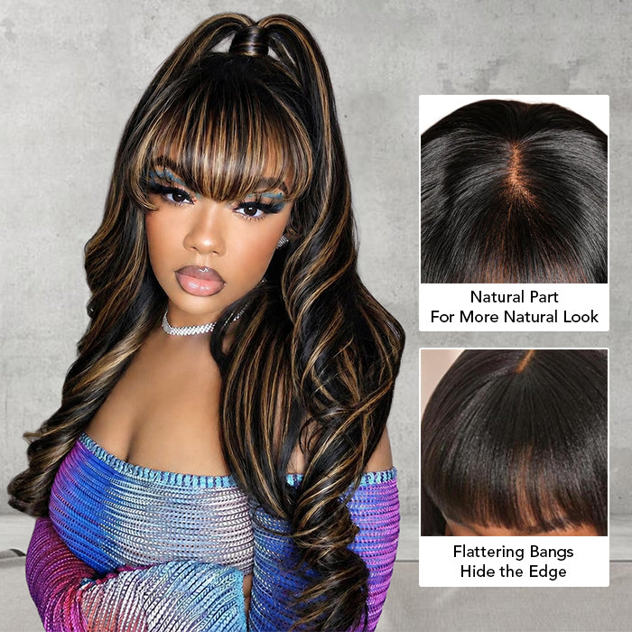 Blonde Highlights Body Wave With Bangs Glueless 13×4 Lace Front Wigs Human Hair