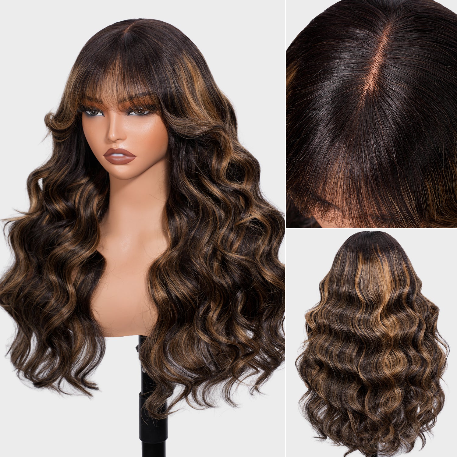 Blonde Highlights Body Wave With Bangs Glueless 13×4 Lace Front Wigs Human Hair