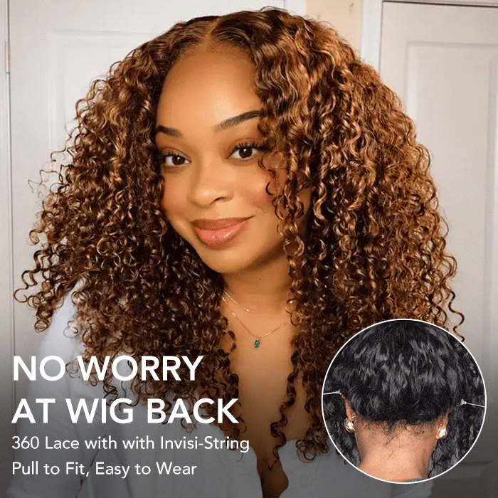 Invisi-String 360 Lace Highlight Curly Human Hair Glueless Wigs Pre-Plucked 360 HD Lace Frontal Wig