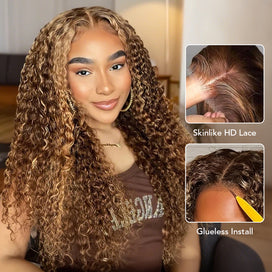 Highlight Curly 13x4 HD Lace Frontal Wigs #4/27 Color Glueless Human Hair Wigs For Women