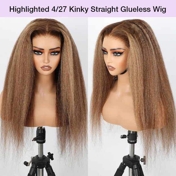 Pre-Everything 4/27 Highlight Brown Kinky Straight Glueless Wigs Invisi String Snug Fit 360 Lace Frontal Wig
