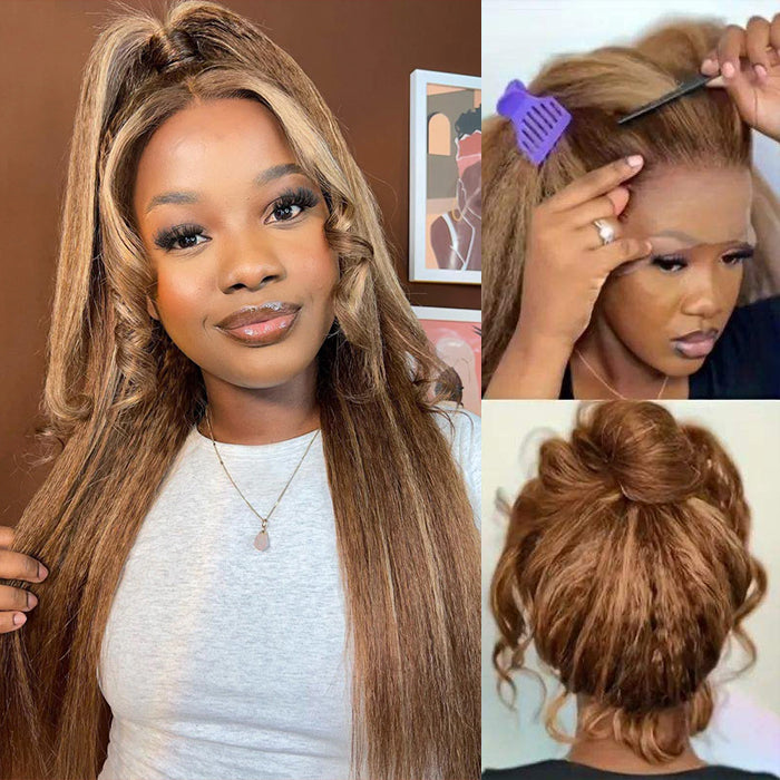 Pre-Everything 4/27 Highlight Brown Kinky Straight Glueless Wigs Invisi String Snug Fit 360 Lace Frontal Wig
