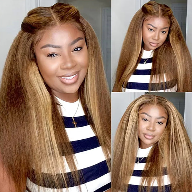 Pre-Everything 4/27 Highlight Brown Kinky Straight Glueless Wigs Invisi String Snug Fit 360 Lace Frontal Wig