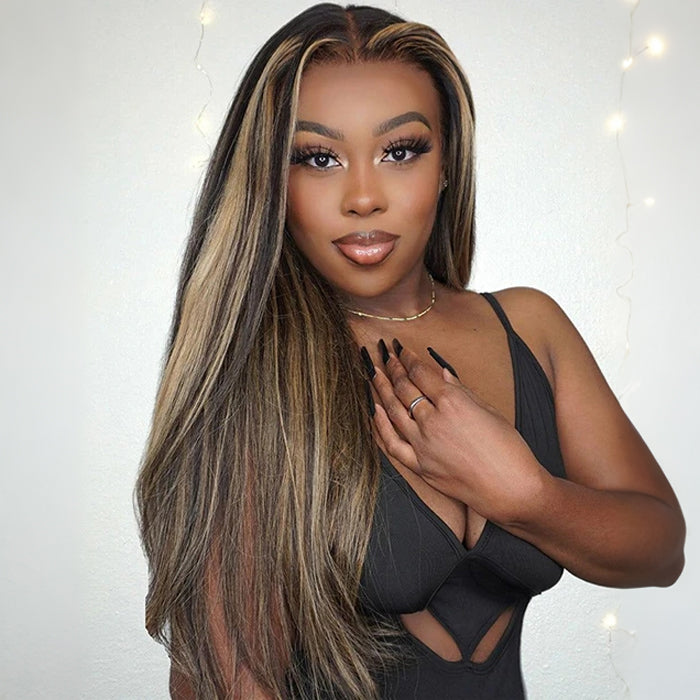 S M L Cap Honey Blonde Highlight Glueless 8x5 Pre Cut Lace Front Human Hair Wig 180% Density