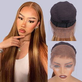 4/27 Highlight Brown Straight Wig 13x4 13x6 HD Lace Front Wigs Honey Blonde Human Hair Wigs