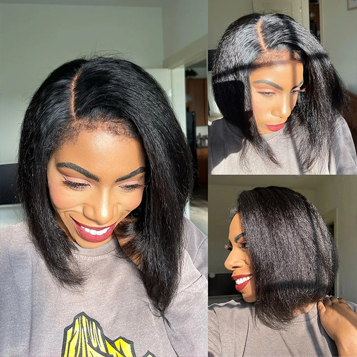 4C Edges Hairline Kinky Straight 8×5 Pre-bleached Knots Natural Scalp 220% Density Short Bob Wig