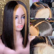 Straight Short Bob 13x4 Lace Font Wig With Blonde Highlights Streaks In Front Bob Wigs
