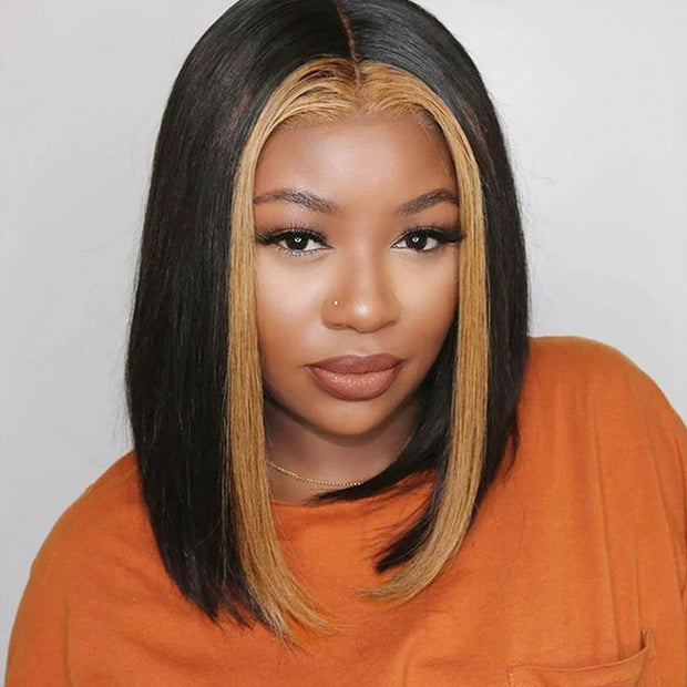 Straight Short Bob 13x4 Lace Font Wig With Blonde Highlights Streaks In Front Bob Wigs